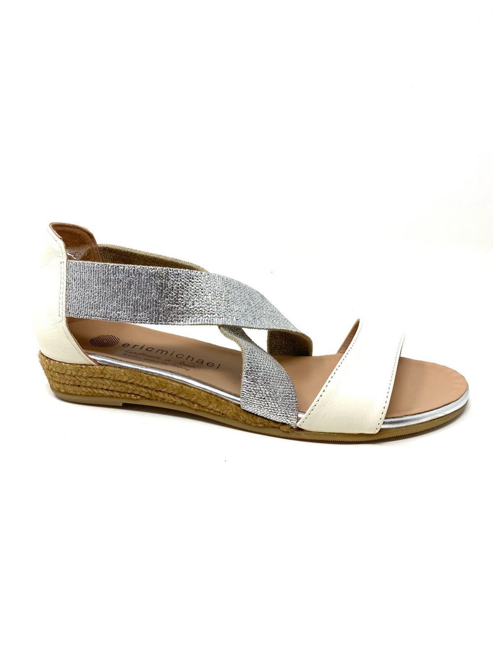 Eric Michael Mia White Metallic Elastic Espadrille Wedge Sandal NIB